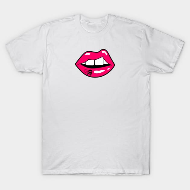 Fierce Lips with Skull and Cross Bones Design T-Shirt by Disocodesigns